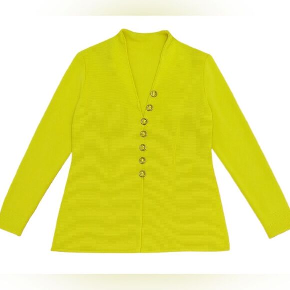 Misook Ribbed Knit Jacket Blazer Womens M Lime Green Long Sleeve Bright - Picture 2 of 7